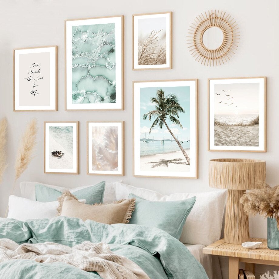 Beach wall art set on bedroom wall.