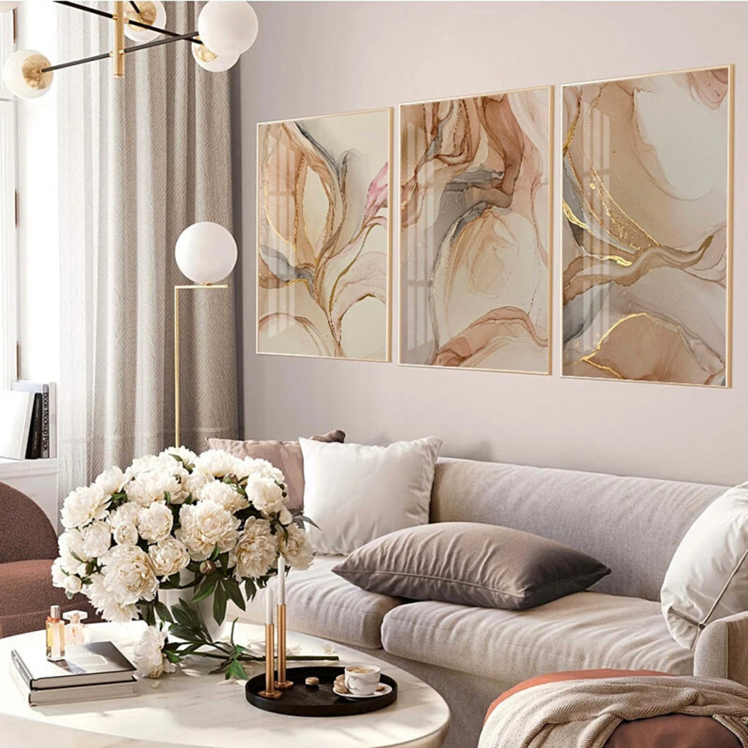 Brown and gold abstract wall art set in living room.