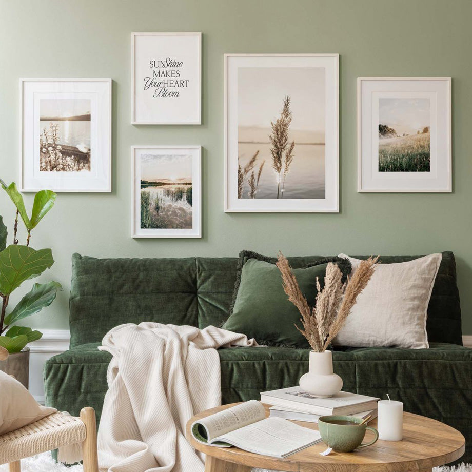 Countryside wall art set in living room.