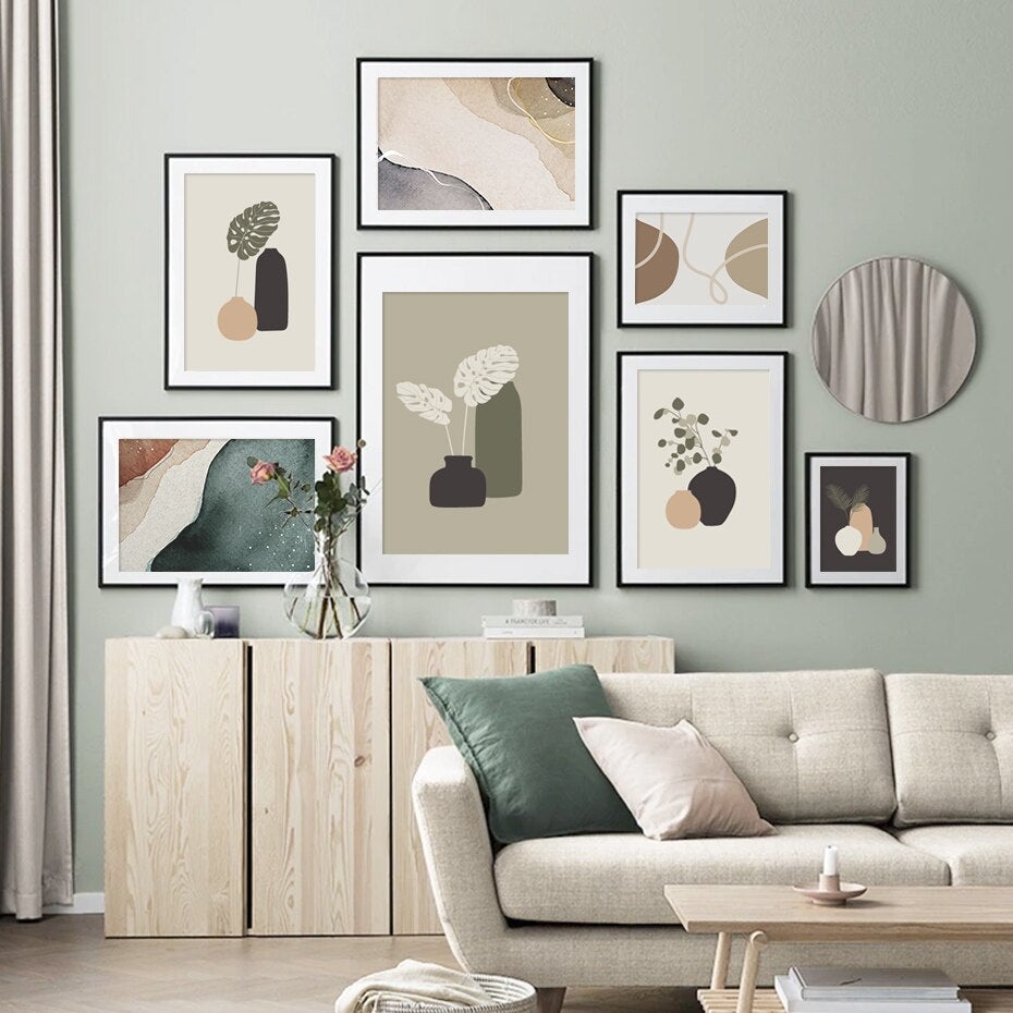 Minimalist neutral floral wall art set on living room wall.