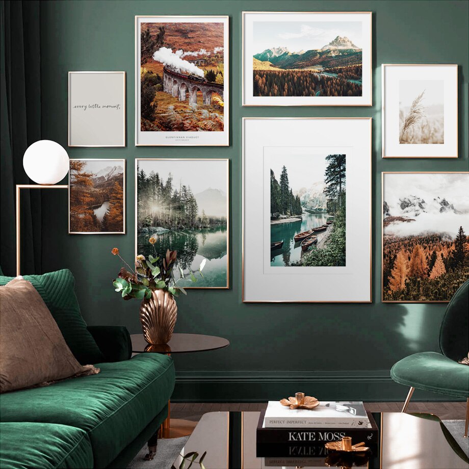 Mountain forest wall art set in living room.