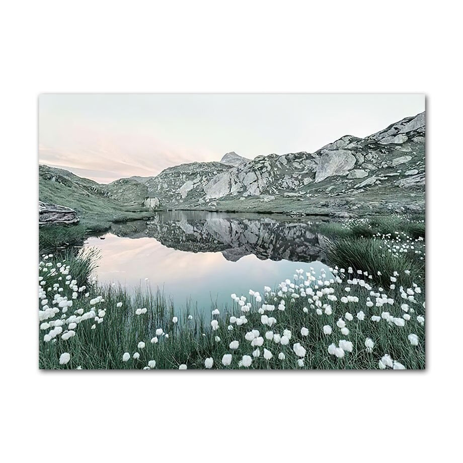 Mountain lake flower field canvas poster.