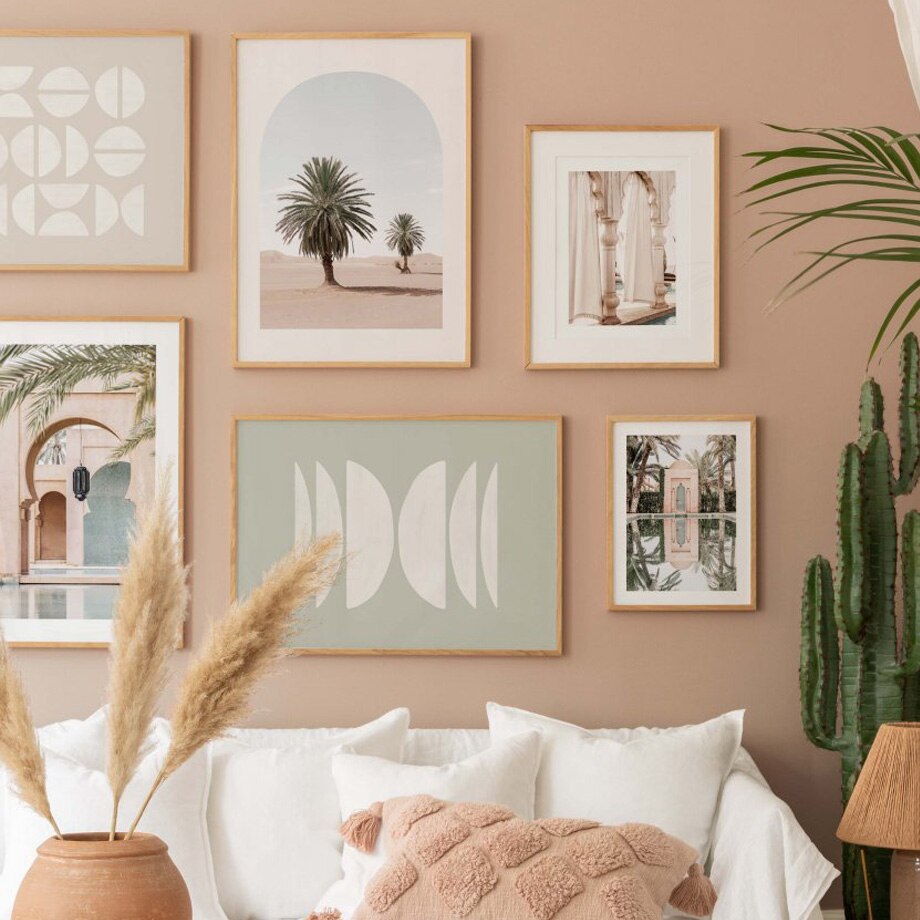 Nature abstract wall art set on living room wall.