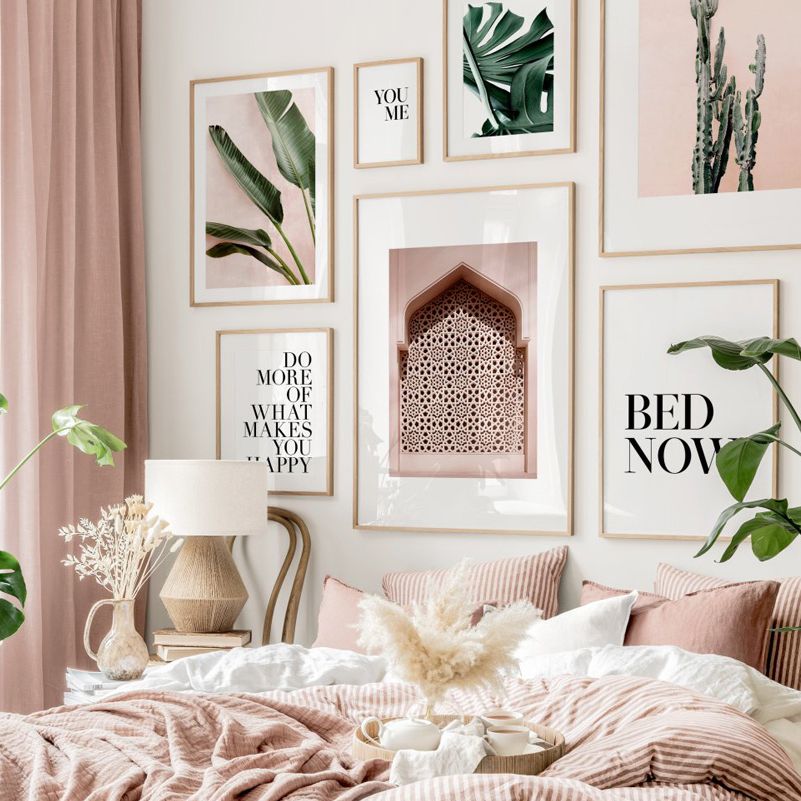 Nature wall art set on bedroom wall.