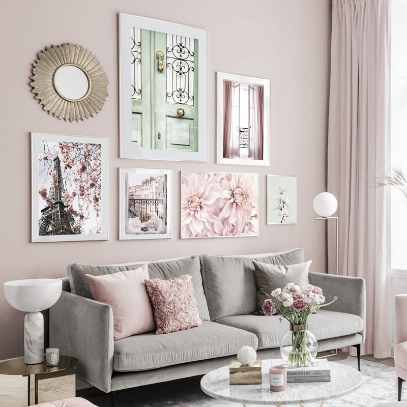 Pink wall art in living room.