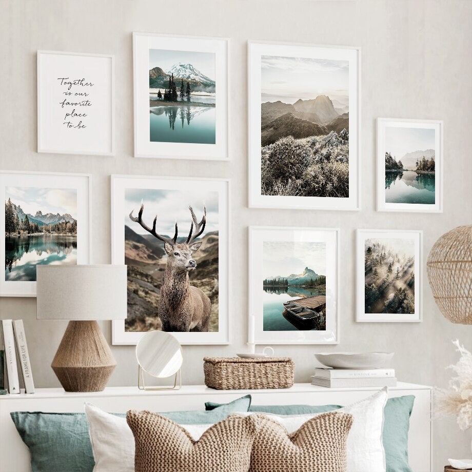 Countryside nature wall art set in living room.