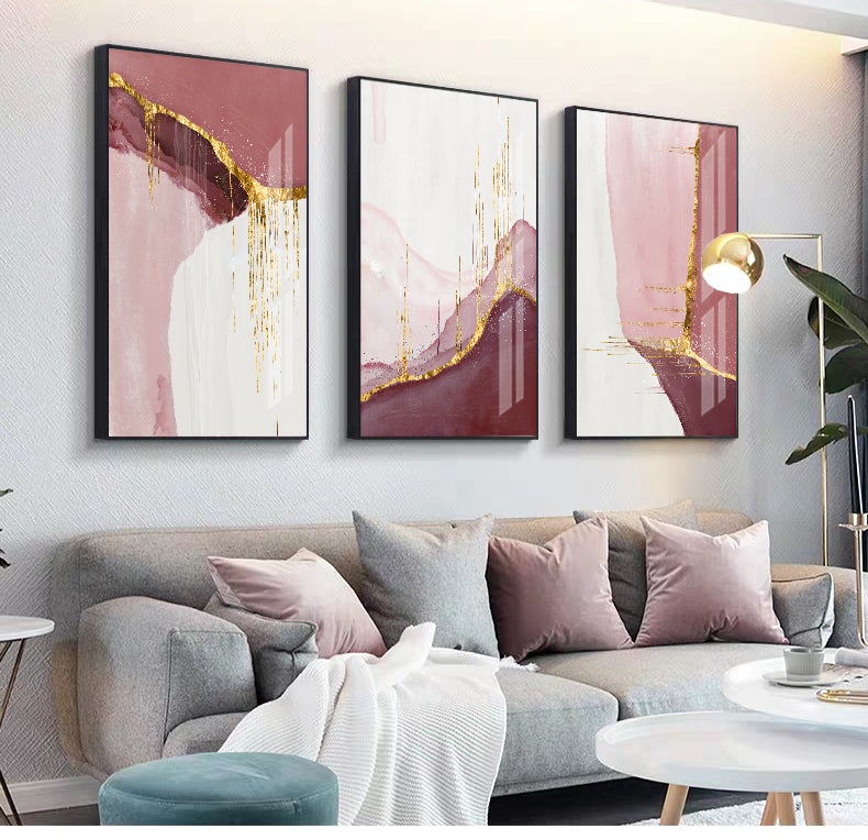 Pink and gold abstract wall art set of 3.