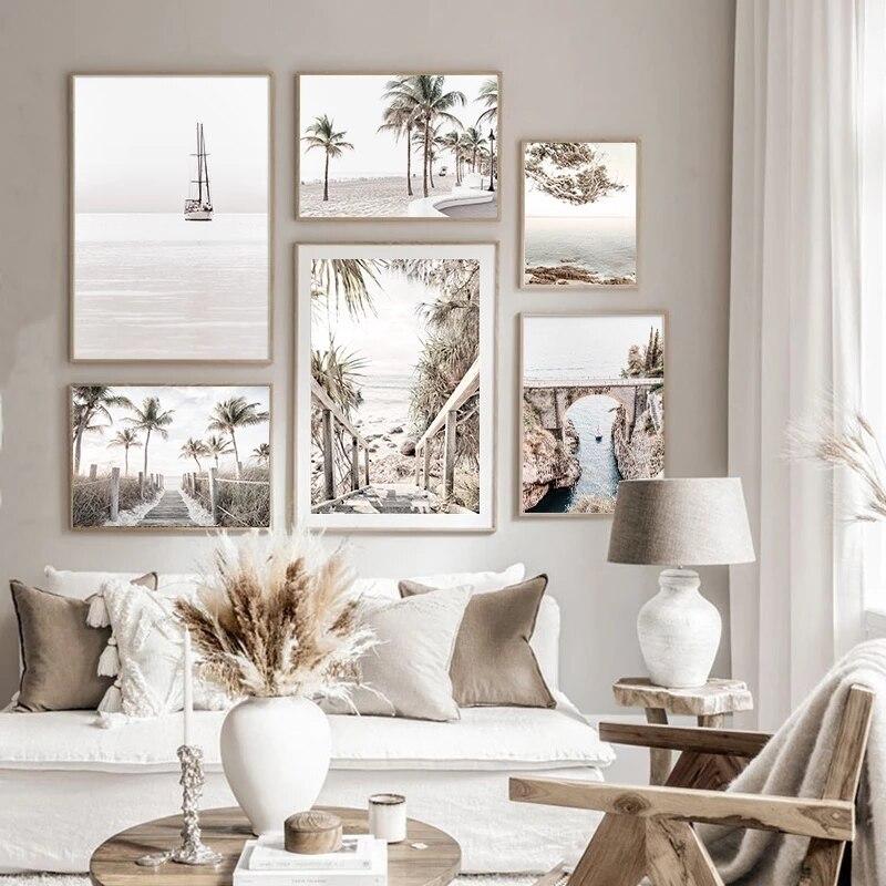 Nature themed wall art set on living room wall above sofa.