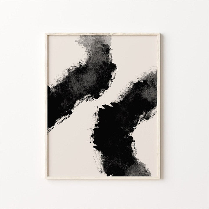 Black and beige poster in frame.