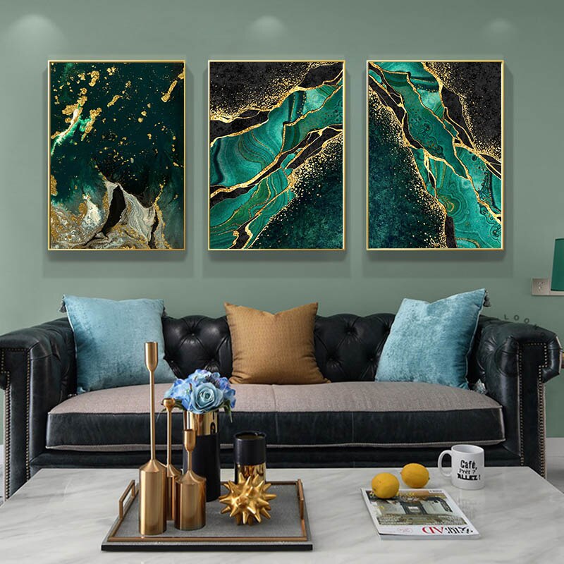 Black green gold 3 piece wall art set on green wall.