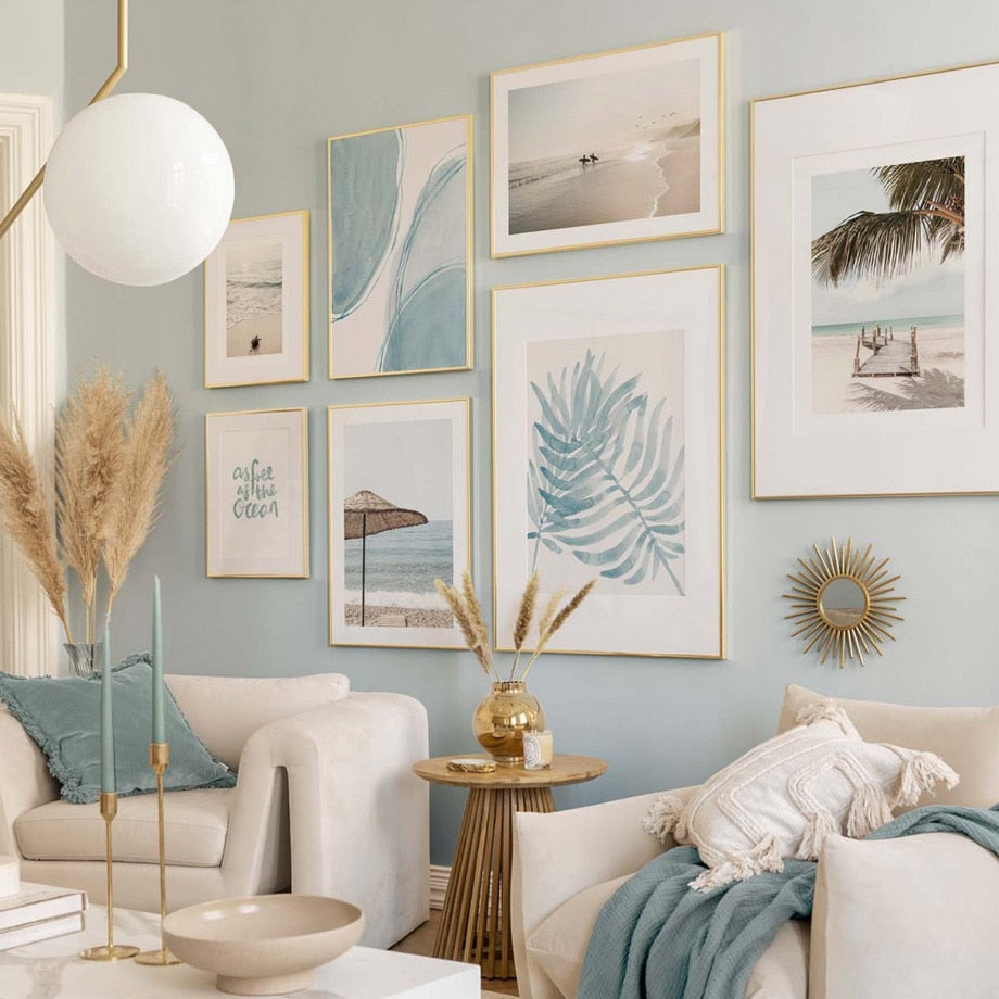 Blue Canvas Wall Art set on living room wall.