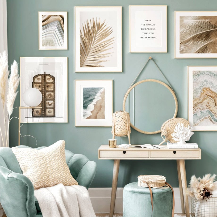 Gold Summer Canvas Prints set on green living room wall.