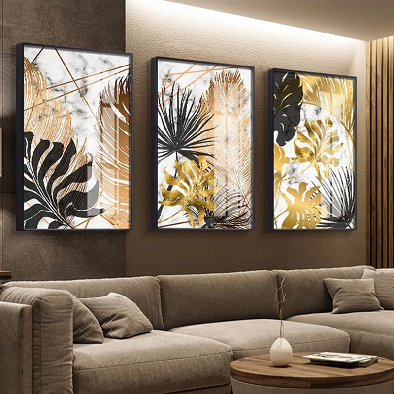 Hoja Canvas Prints on brown living room  wall.