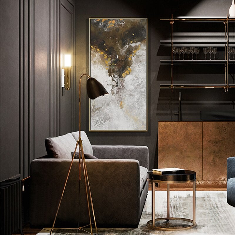Large canvas print on brown living room wall.