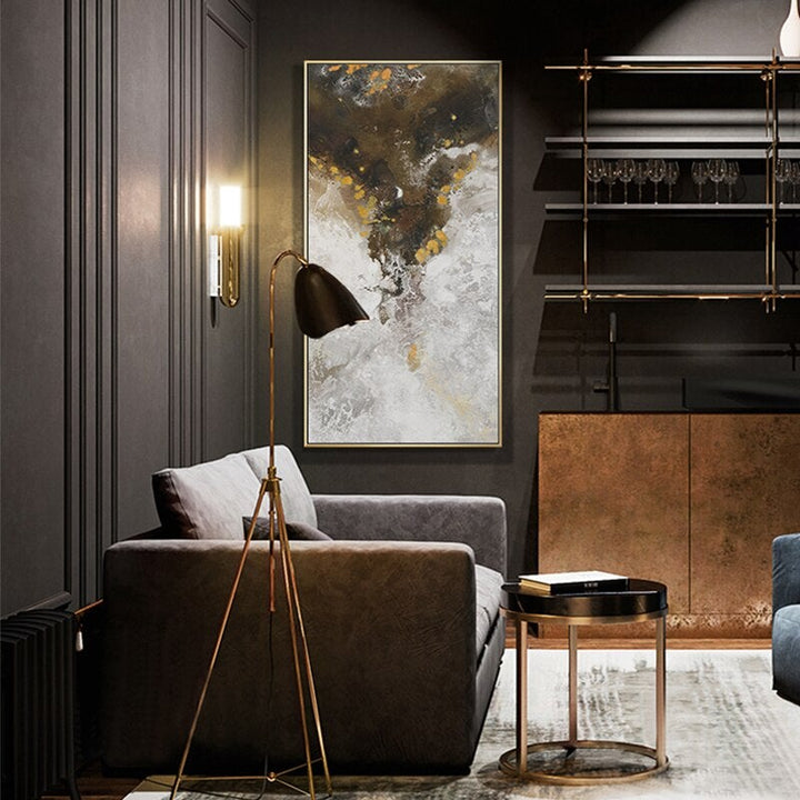 Large canvas print on brown living room wall.