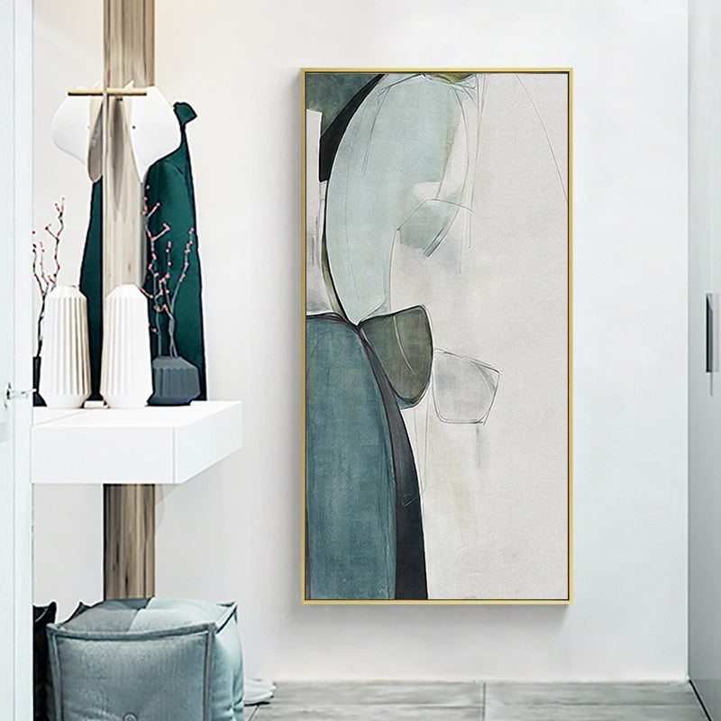 Large green canvas wall art on hallway wall.