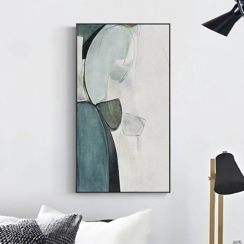 Large green canvas wall art on white wall.