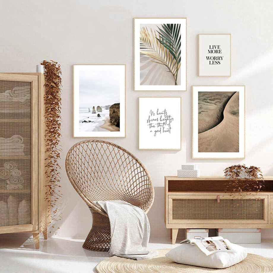 Nature and wall art quote set on living room wall.