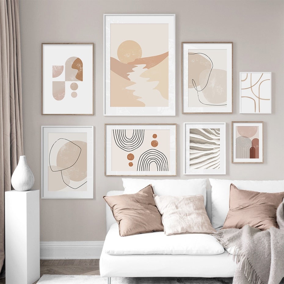 Neutral modern abstract wall art on living room wall.
