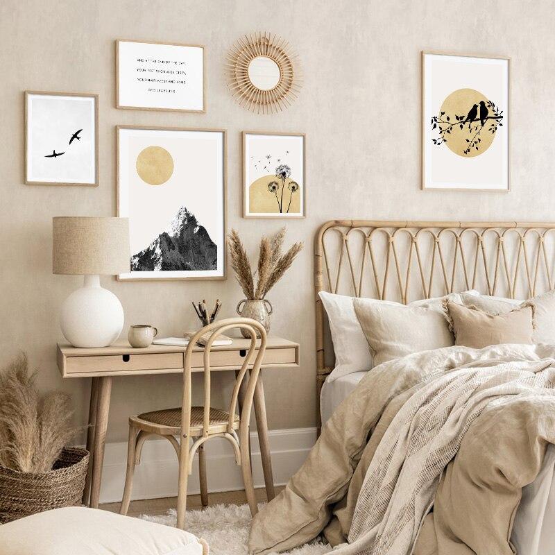 Sonnerie canvas print set above bed on beige bedroom wall.