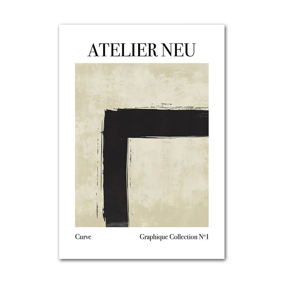 Poster with 'ATELIER NEU' text and abstract design on a beige background