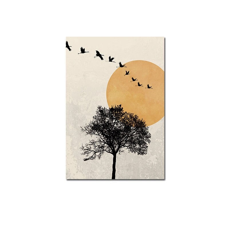 Abstract sun with flying birds canvas poster.