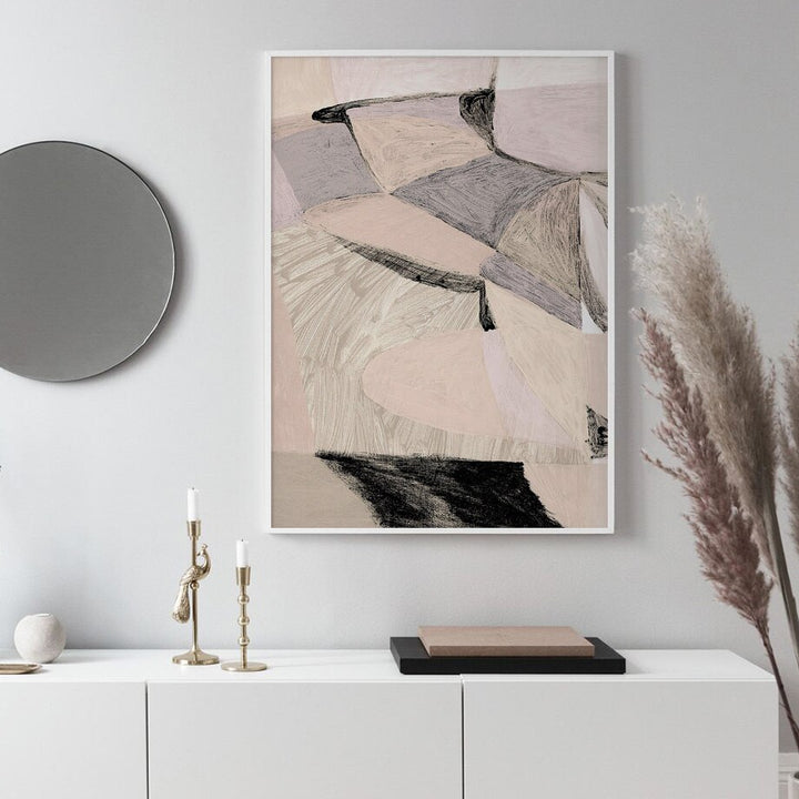 Beige and black abstract canvas poster on wall.