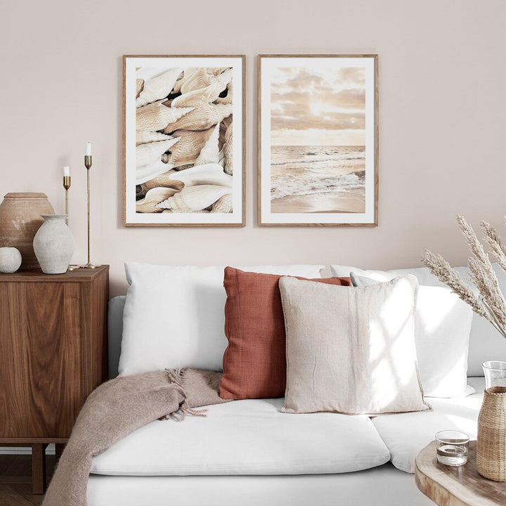 Beige nature canvas posters on beige wall.