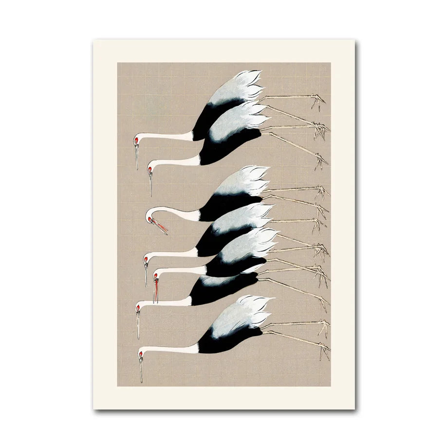 Tall birds walking on beige canvas print