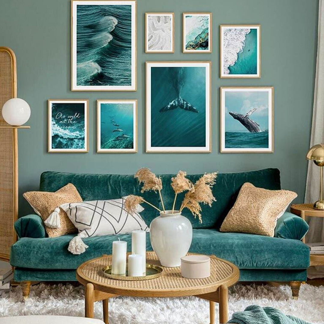 Green ocean Canvas Posters on green living room wall.