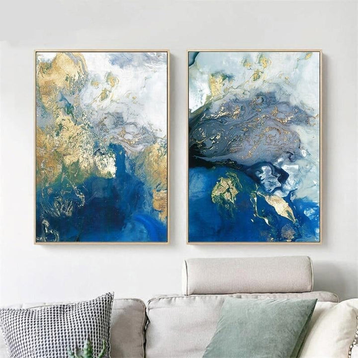 Blue and gold canvas poster set on white wall.