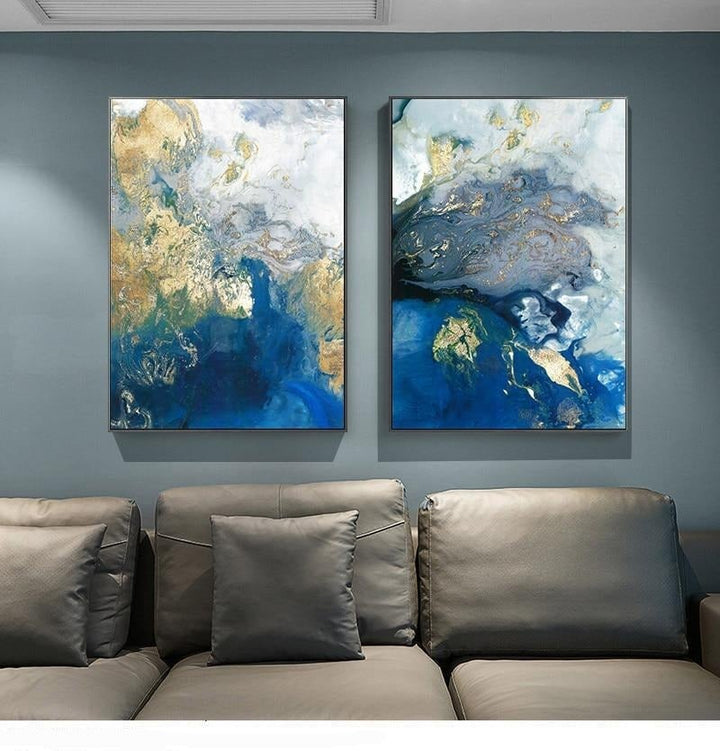 Blue and gold canvas poster set on living room.
