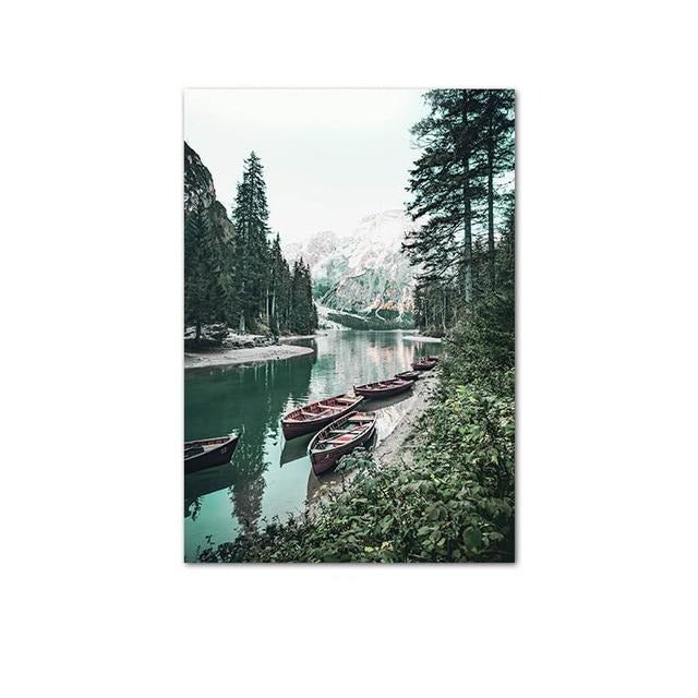 Boats on lake canvas poster.