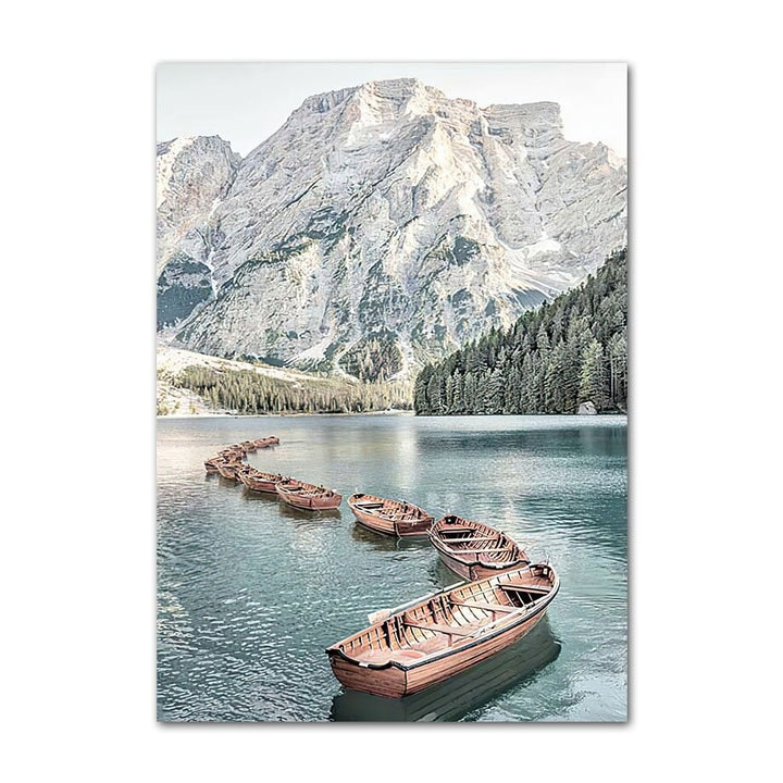 Boats on lake canvas poster.