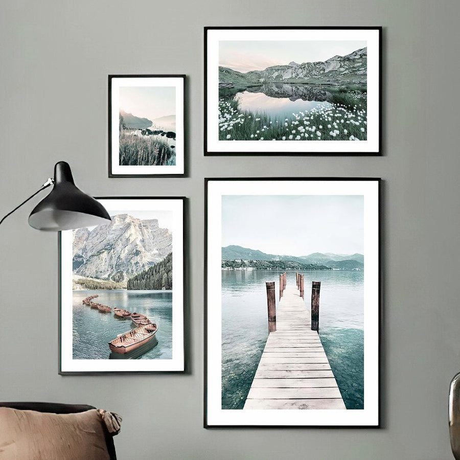 Mountain lake flower field canvas poster.