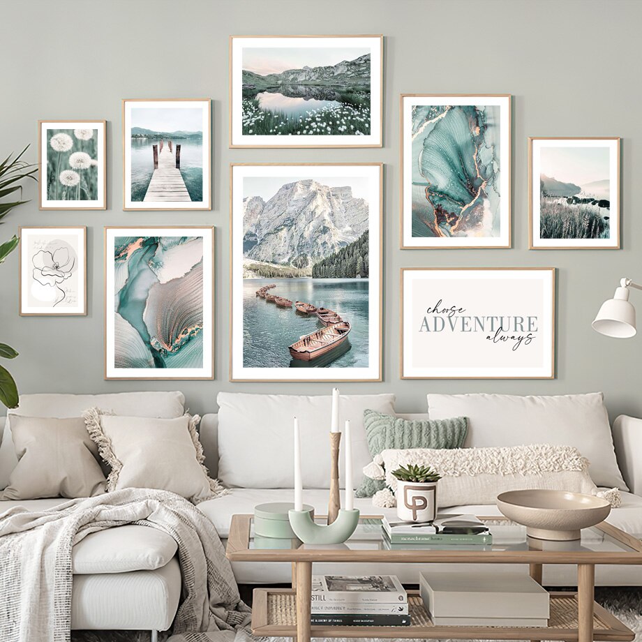 Famous mountain art set on living room wall.