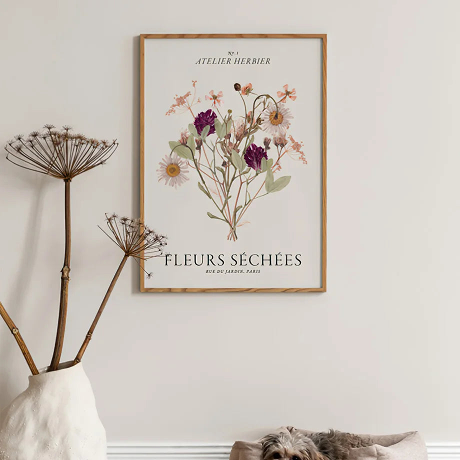 Floral canvas poster on beige wall.