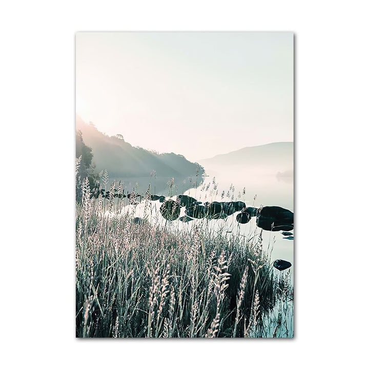 Grassy mountain lake canvas poster.