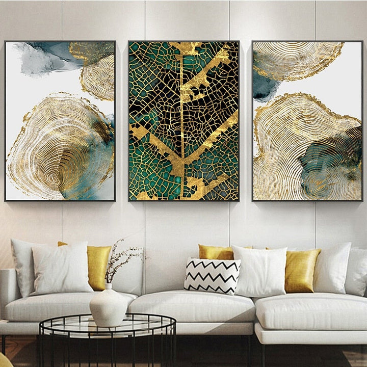 Green and gold abstract wall art.