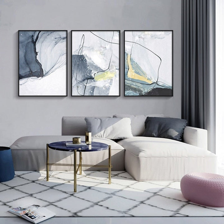 Light blue abstract wall art in living room.