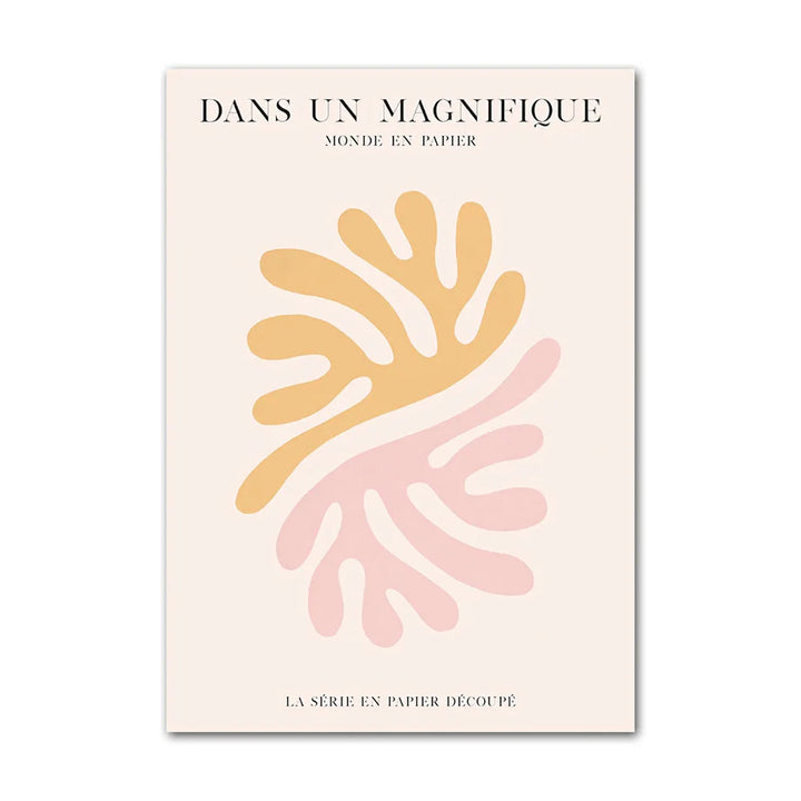 Canvas print with abstract pink and yellow shapes on a beige background, featuring text.