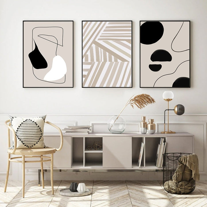 Set of 3 beige black and white canvas poster.