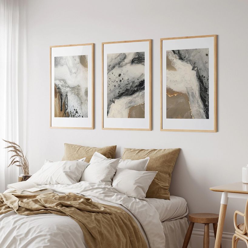 Neutral abstract wall art set in bedroom.