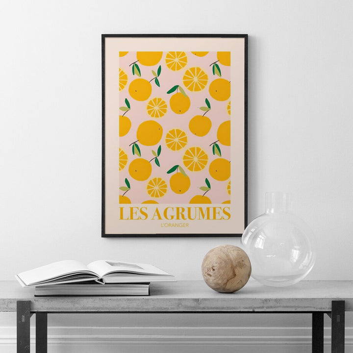 Orange fruit canvas poster on wall.