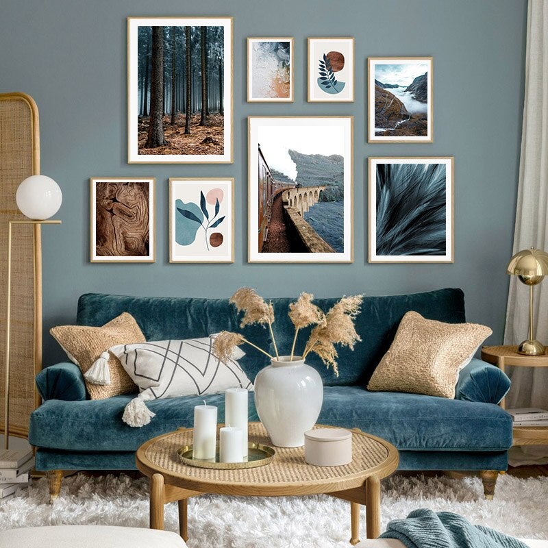 Large blue abstract wall art gallery on blue wall.