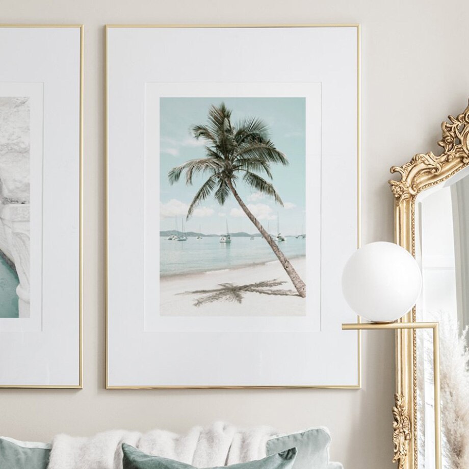Palm tree poster on wall.