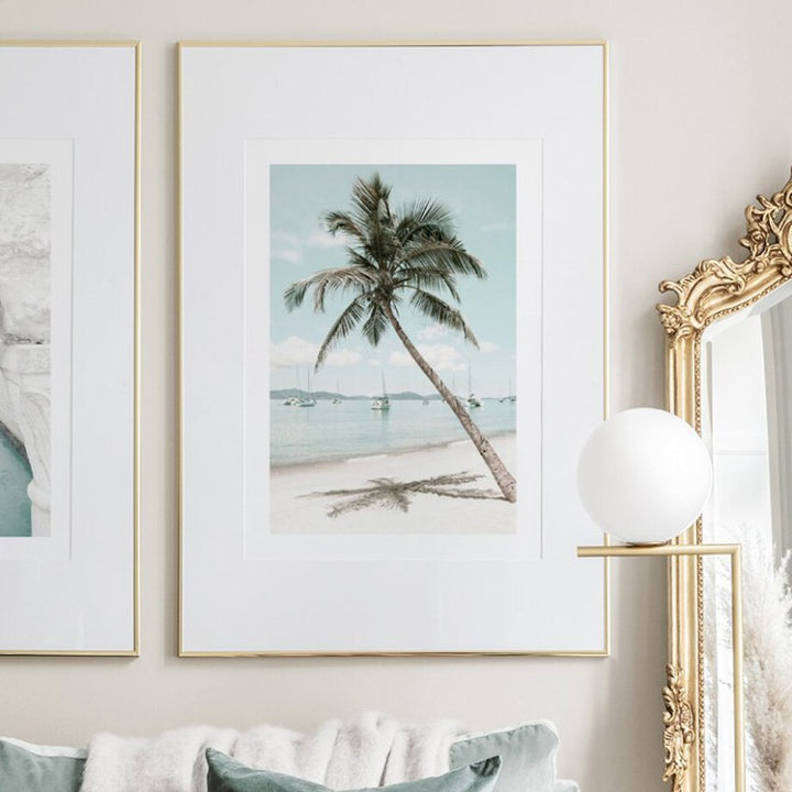 Palm tree poster on wall.