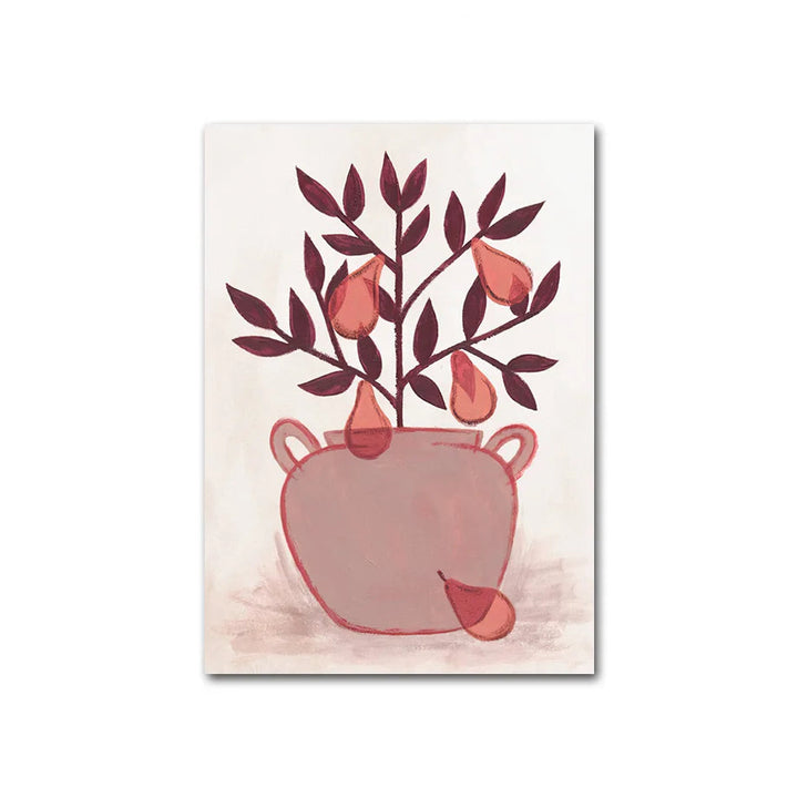 Illustrated burgundy pear tree in pink vase canvas print