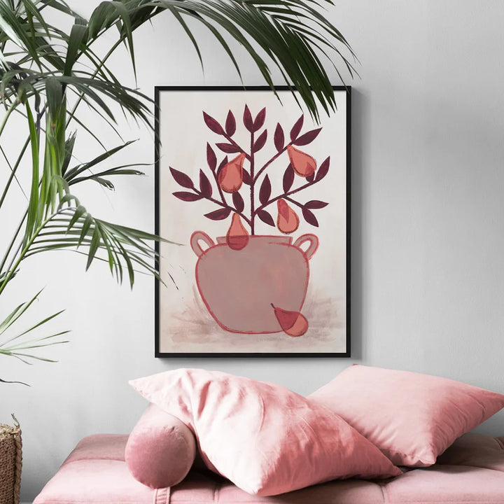 Illustrated burgundy pear tree in pink vase canvas print on wall above sofa.