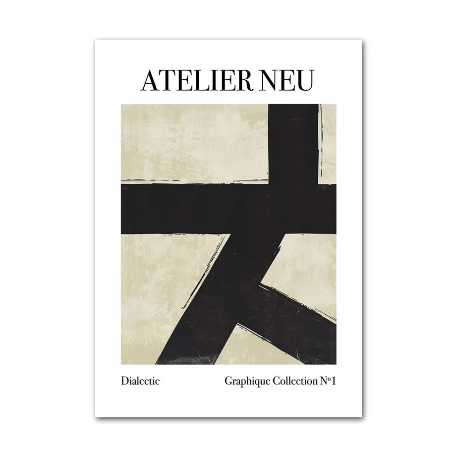 Poster with 'ATELIER NEU' branding and abstract design on a white background